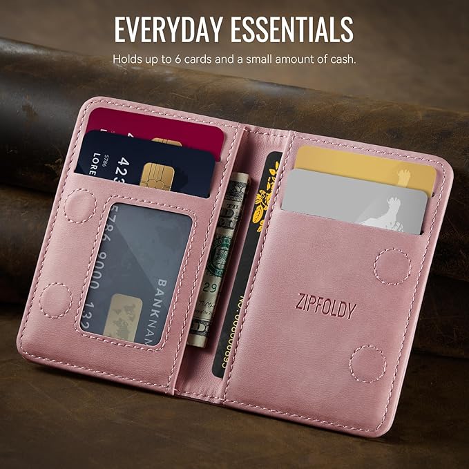 Slim PU Leather RFID Magnetic Wallet for Men and Women, Minimalist Magnet Card Holder Phone Wallet Compatible with Magsafe for Apple iPhone 17 16 15 14 13 12 Series, Retro Pink
