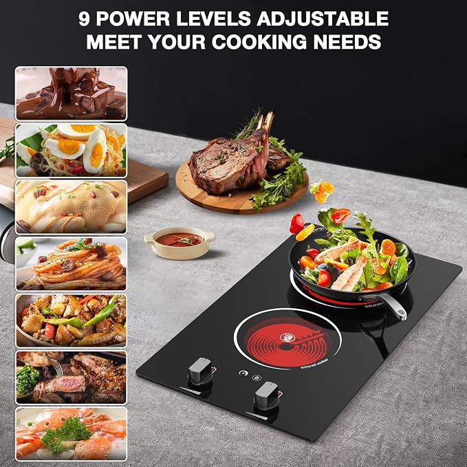 2 Burner Electric Cooktop, 2100W Electric Stove Top Hot Plate, 12 inch Countertop Burner & Built-In Stove Top, 9 Levels of Power, Knob Control, Timer & Kid Safety Lock, Residual Heat Warning
