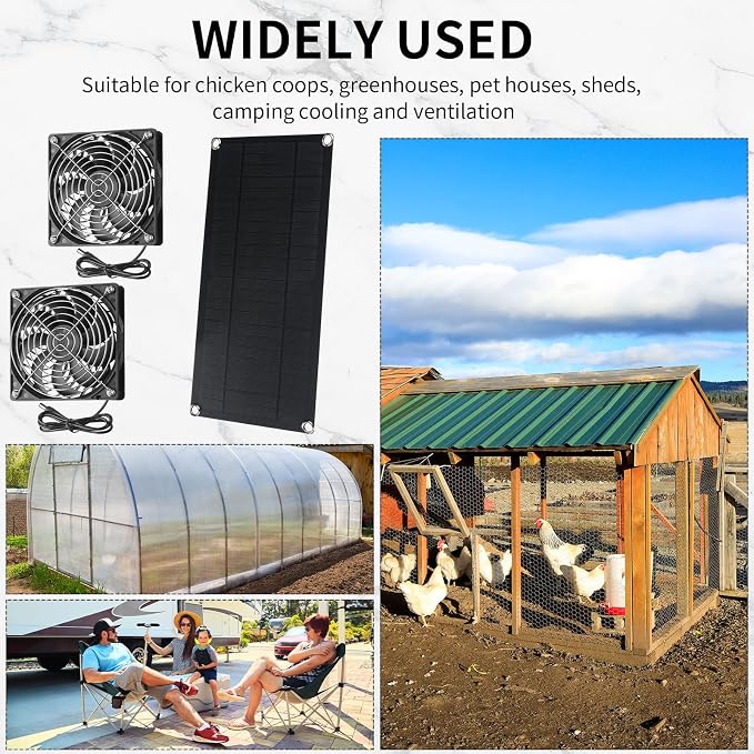 10w 12v Solar Panel Dual Fans Kit Waterproof Outdoor Solar Powered Exhaust Ventilation Fan Dual USB Portable Solar Attic Fan for Chicken Coop Greenhouse Shed PET Houses Window (1 Set)