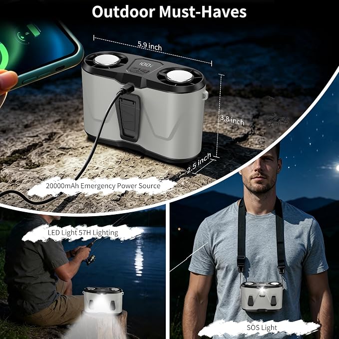 20000mAh Portable Waist Fan Rechargeable, Dual Air Outlet Belt Fan with Cooling Plate, 10 Speed Personal Air Conditioner with LED Display & Light for Work Outdoor (Gray)