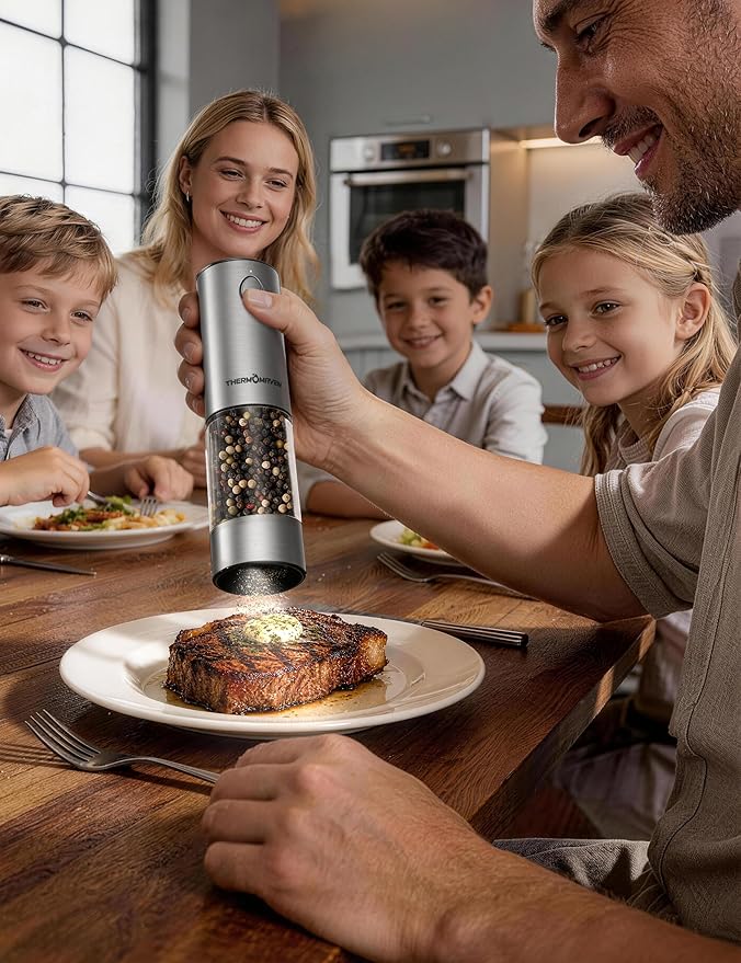 ThermoMaven Electric Salt and Pepper Grinder Set, 110ml Larger Rechargeable Automatic Salt and Pepper Mill Grinder with 6 Adjustable Coarseness, Electric Salt and Pepper Shakers, LED, Pistachio