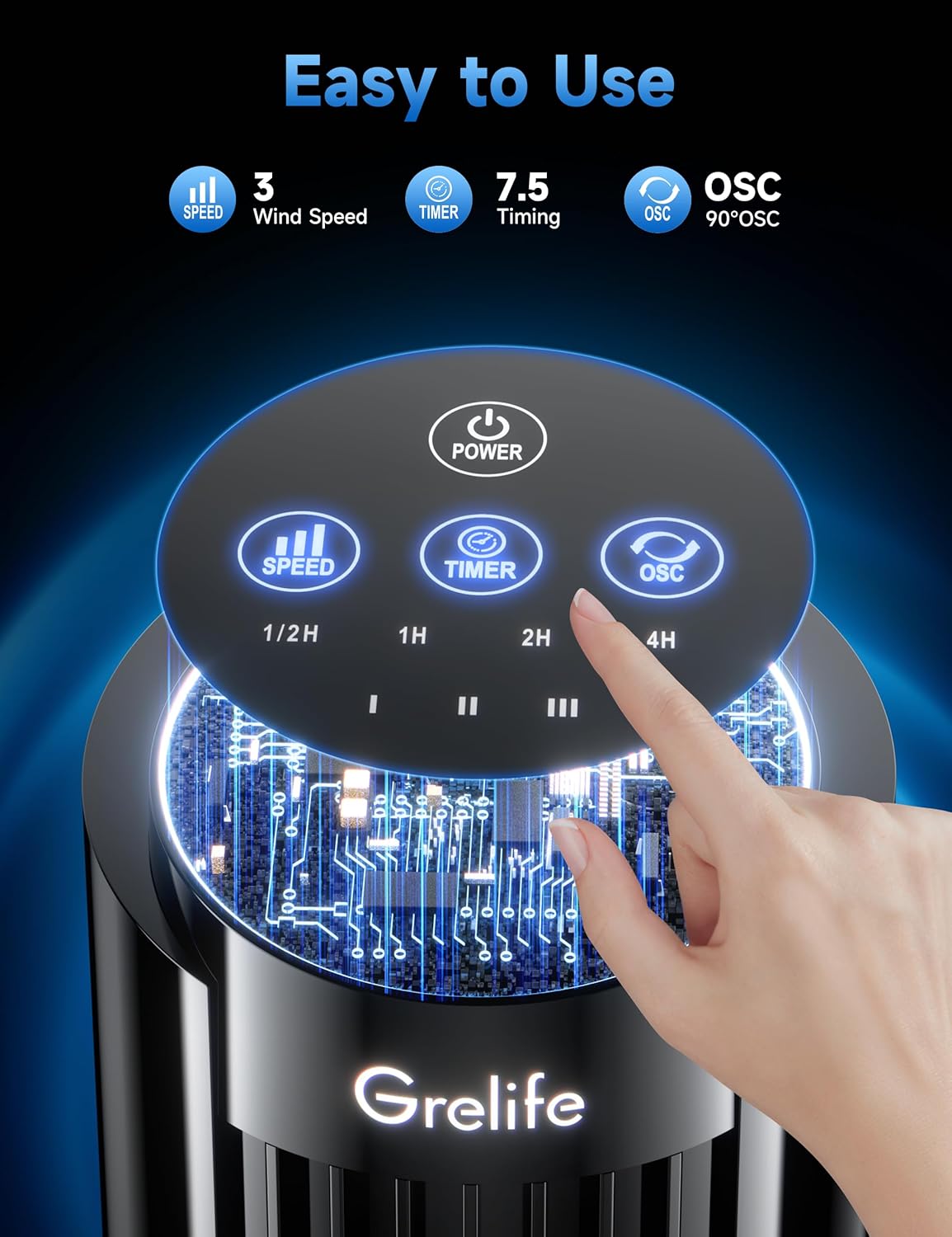 Grelife Tower Fan, Quiet Fans with Remote, for Bedroom, Living Room, Office, Tower Fan with Remote, 3 Speed Settings and Auto-off Timer, Compact Desktop Fan