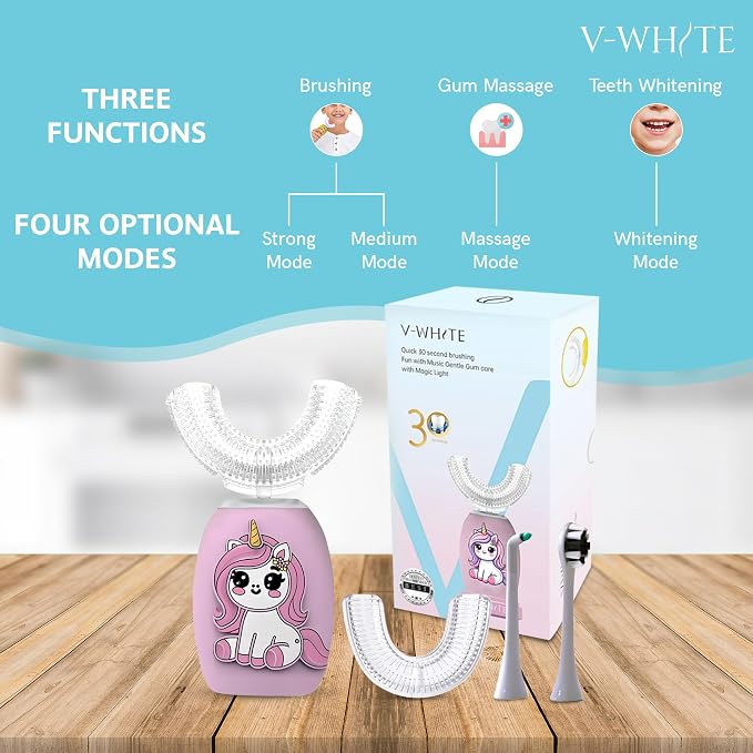 V-WHITE Kids Auto Brush Ultrasonic U-Shaped Toothbrush – 360° Teeth Cleaning, Hands-Free Electric Autobrush for Kids – Gum Protection, Waterproof IPX7, Wireless Charging (Pink)