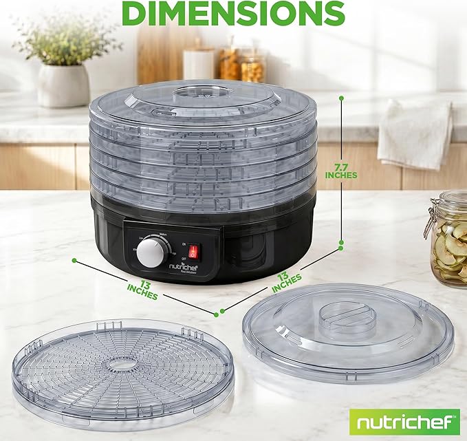 NutriChef Food Dehydrator Machine, Ideal for Jerky, Meats, Mushrooms, Fruits & Vegetables - BPA Free & Even Dehydration - 5 Easy to Clean Trays