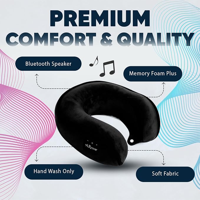 Bluetooth Music Neck Pillow Plus+ Thicker Support Wireless Bluetooth Speaker Suitable Airplane,Train,Car,Office,Outdoor Camping for Sleeping, Resting The Best Travel Essentials. (Black)
