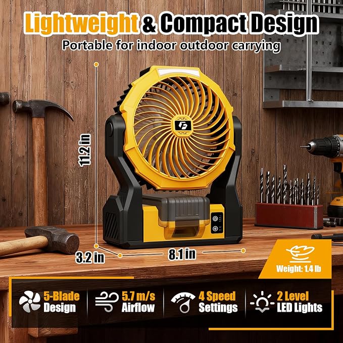 Battery Operated Fan for Dewalt 20V Max Battery, 5.7m/s High Speed Rechargeable Portable Fan with USB Powered & 4 Speed & 2 Light for Camping, Workshop, Garage, Jobsite (Not Included Battery) - Yellow