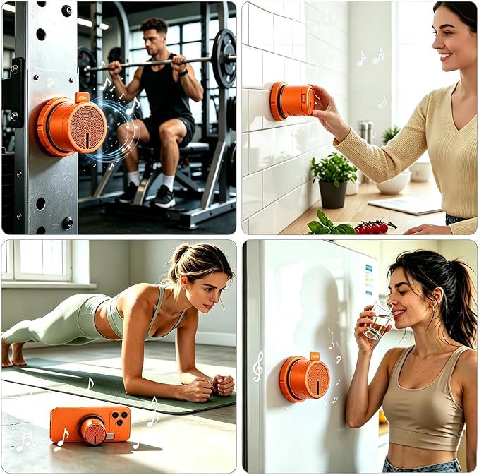 EWA Shower Speaker, Magnetic Portable Bluetooth Speaker with Phone Stand,Metal Portable Wireless Mini Speakers Waterproof with Rotary Control,for Bathroom Gym Home, Birthday Gifts (Orange)