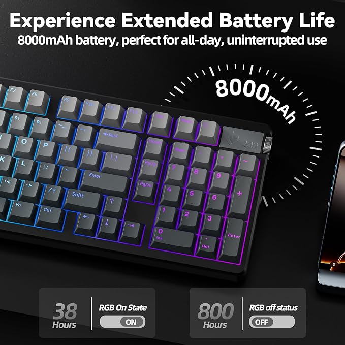 LEOBOG A98 Wireless Mechanical Keyboard, Tri-Mode BT5.0/2.4GHz/USB-C, Creamy Keyboard with Number Pad, Gasket Structure Hot Swappable, PBT Keycaps, RGB Backlit Black Gaming Keyboard with Knob for PC