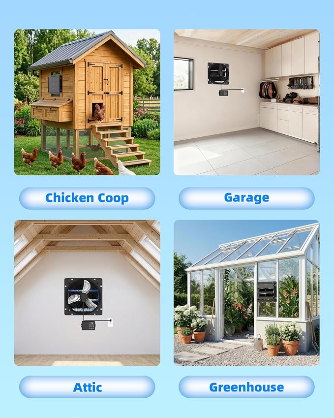 8'' Upgraded Shutter Exhaust Fan with Thermostat & Remote, 760 CFM Wall Mounted Attic Exhaust Fan, Auto On/Off by Temperature for Garage, Greenhouses, Sheds, Chicken Coops & Basement