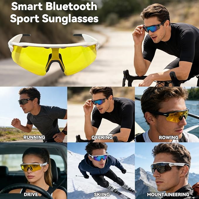 Bluetooth Smart Sunglasses for Men Women, Open-Ear Speaker Glasses with Touch Control, UV400 Polarized Lens, 5-6H Playtime for Outdoor Sports,White and Yellow