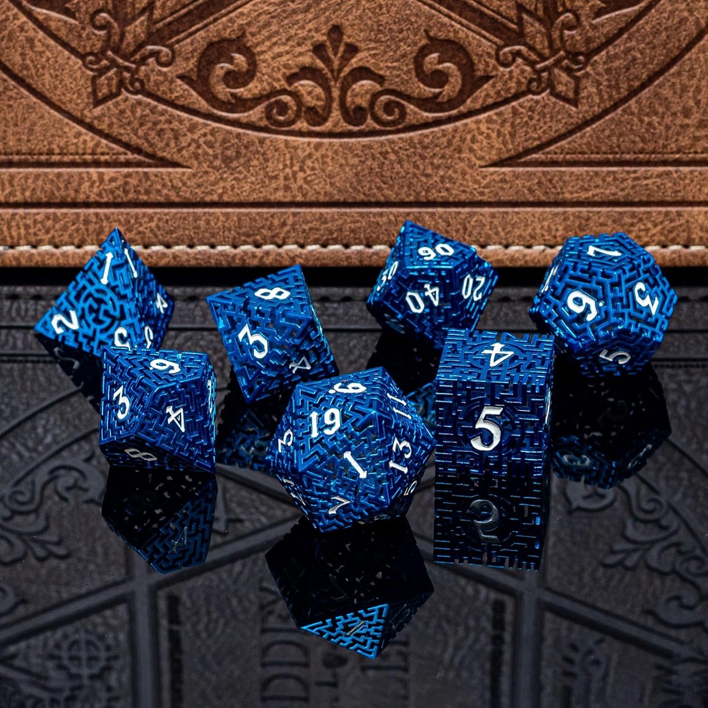 Blue Metal Hollow DND Dice Set (Wizard) Metallic Luster Maze Design with Storage Box - Balanced Weight 7 Piece Zinc Alloy, designed for Dungeons and Dragons DMs and Players RPG Accessories