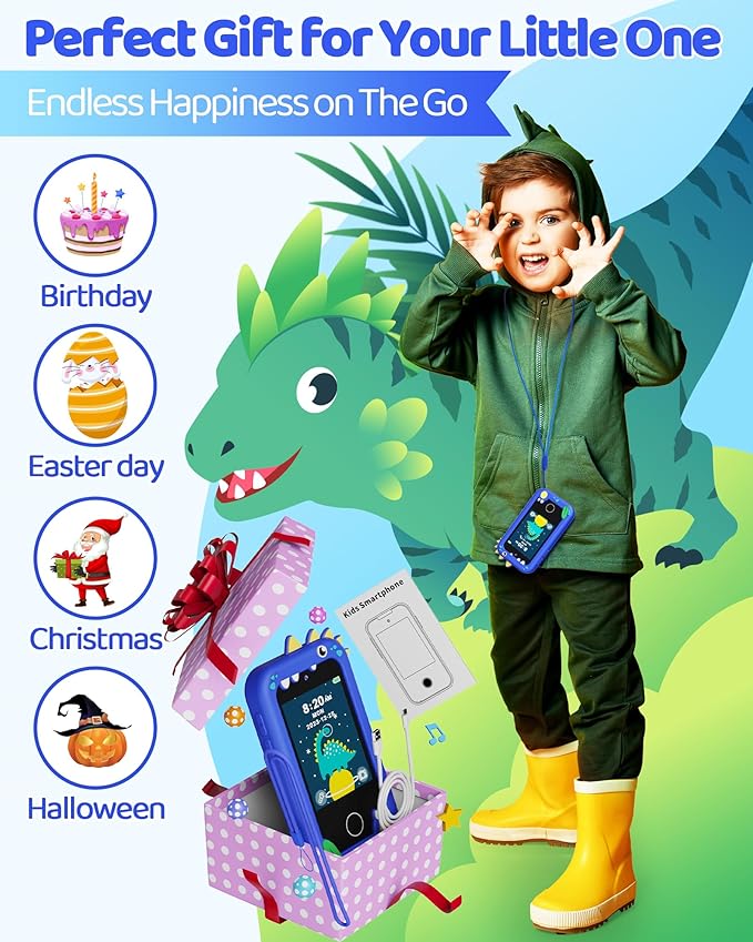 KOKODI Kids Smart Phone Toys, Touchscreen HD Dual Camera Cell Phone for Kids, Birthday Gifts Dinosaur Toddler Play Phone for Boys 3-10, Travel Learning Toy with 8GB SD Card(Navy Blue)