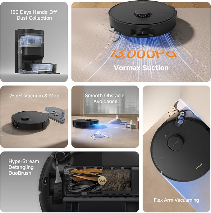 DREAME D20 Pro Plus Robot Vacuum, 13,000Pa Suction, DuoBrush for Pet Hair, Corner Cleaning, Self Emptying, LDS Navigation Laser Avoidance, Vacuum Mop, Hard Floors&Carpets (Black)