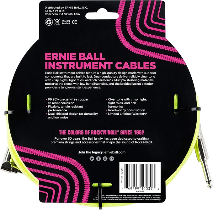 Ernie Ball Braided Instrument Cable, Straight/Angle, 18ft, Neon Yellow (P06085)
