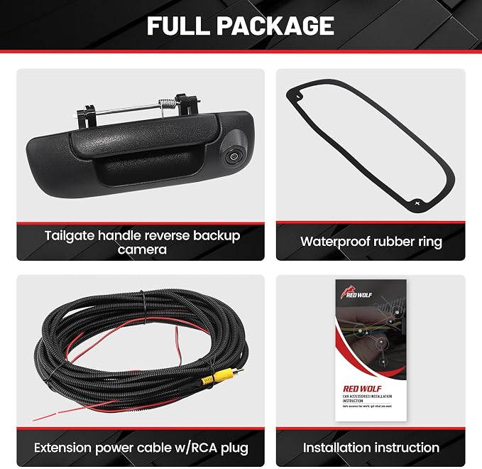 RED WOLF Tailgate Handle w/Backup Camera Compatible with 2002-2008 Dodge Ram 1500 2500 3500 Tailgate Door Rear View Reverse Backup Camera with RCA Plug Parking Guideline Available Waterproof