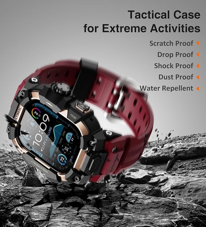ULTIMAL Rugged Case with Band for Apple Watch 49mm,Compatible with Apple Watch Ultra 3/2/1, Military Grade Shockproof Bumper Cover for iWatch Tactical Band Men (49mm,Red)