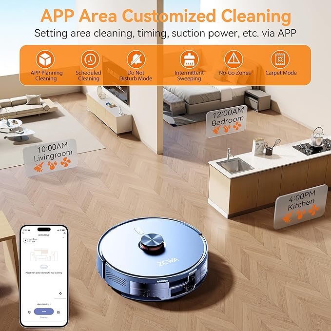 ZCWA Robot Vacuum and Mop Combo, 10000Pa Max Suction, Robotic Vacuum with LiDAR Navigation Smart Mapping, 90 Day Self-Emptying, 160 Min Runtime, 3.5L Dust Bin, Ideal for Hard Floor