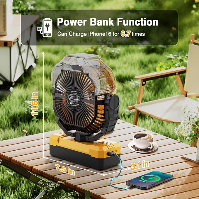Portable Misting Fan, 36000mAh Rechargeable Battery Powered Camping Fan with 460ml Tank & 6.6ft Mist, 4 Speeds 2 Light Modes for Outdoor Patios Travel Jobsite Beach Summer Essentials - Yellow