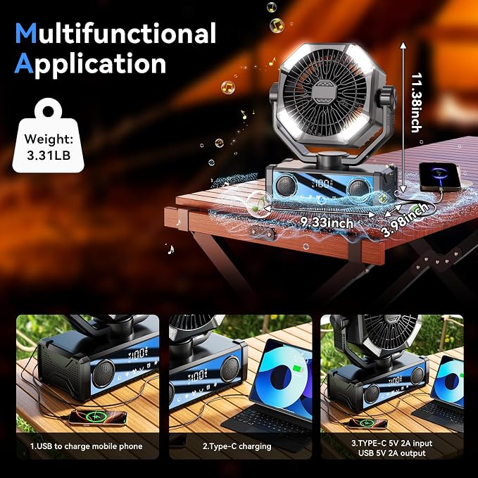 Portable fan rechargeable with 5.3 Bluetooth Speaker, 25000mAh Camping Fan with 5 Speed Touch Control & 3-Mode LED Light, Remote, USB/Type-C Ports, 1-8H Timer for Party, Travel, BBQ, Indoor, Outages