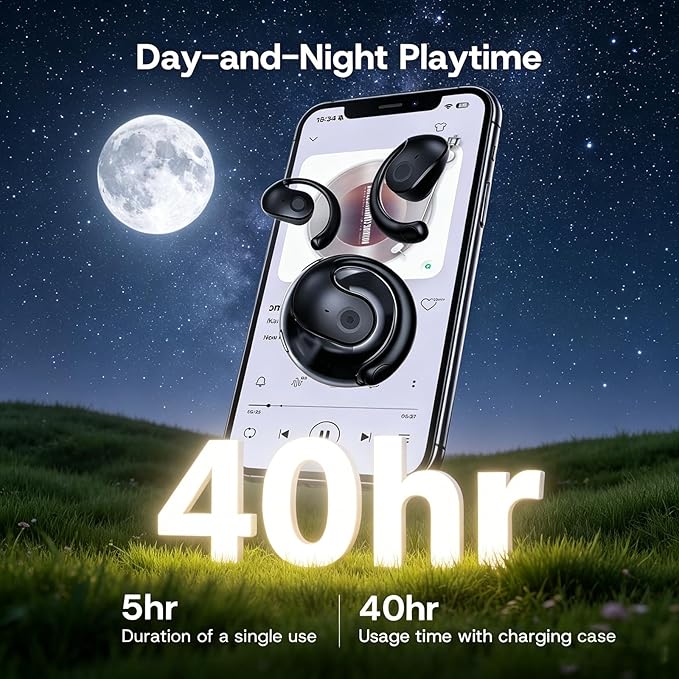 Over Open Ear Earbuds Wireless Bluetooth Open Ear Headphones Air Conduction Earbuds that Don't Go in Your Ear with Awareness of Surroundings with Over-Ear Hooks