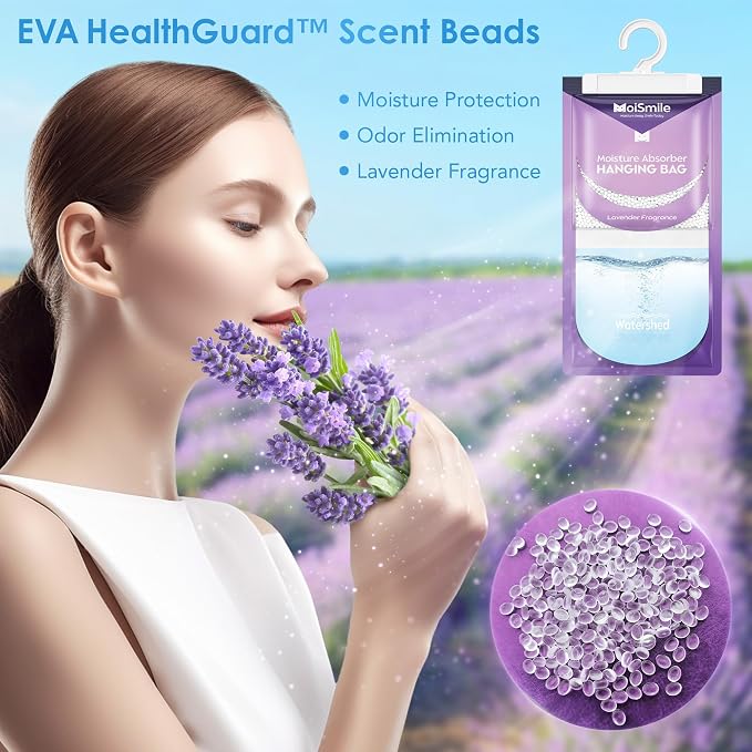 Moisture Absorbers 10 Pack Lavender Fragrance, Hanging Closet Dehumidifier Bags, Humidity Absorber, Compact Eliminates Odors Humidity Packs for Car, Bathroom, Bedroom, Basement, 9.8OZ