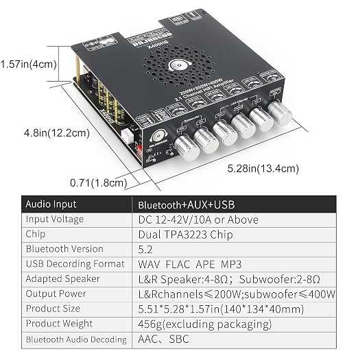 X400HS 2.1 Channel Bluetooth 5.0 Amplifier Board, TPA3223 Chip 200W+200W+400W Output, 12-42V DC with 6 Knob Controls, for DIY Subwoofer/Speaker/Home Theater Audio System