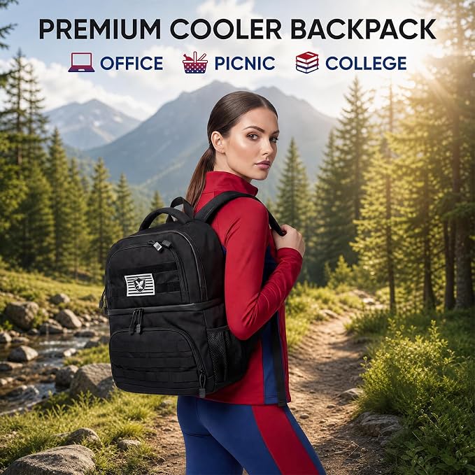 Backpack Cooler Insulated Lunch Bag, Double-Deck Leakproof Compartments Coolers Bag, 16-Can Capacity, RFID Pocket, Molle-Style Organizer, Lightweight for Work, Office, Travel, Hiking (Black)