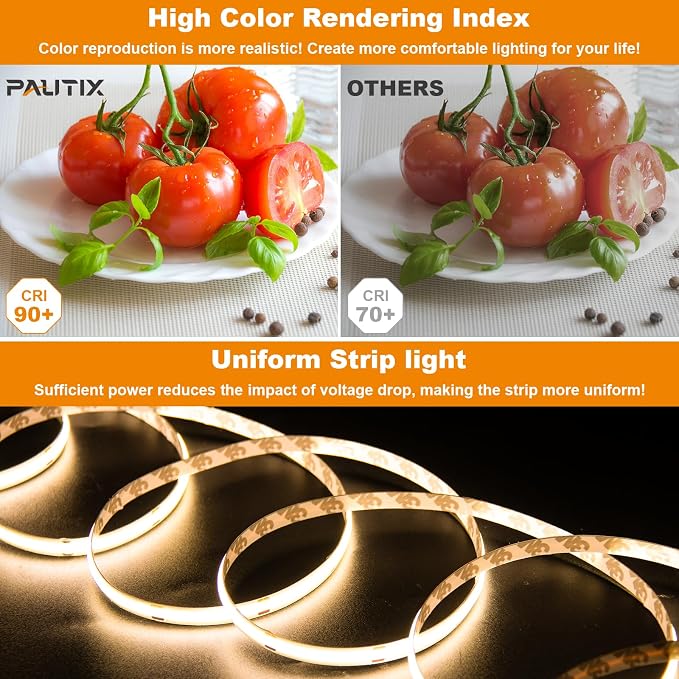 PAUTIX COB LED Strip Light Warm White 2700K 504LEDs/m,CRI90+ 32.8ft/10m Dimmable 24V LED Tape Lights Kit,Work with Alexa/Google Assistant,for Under Cabinet Bedroom Kitchen DIY Lighting