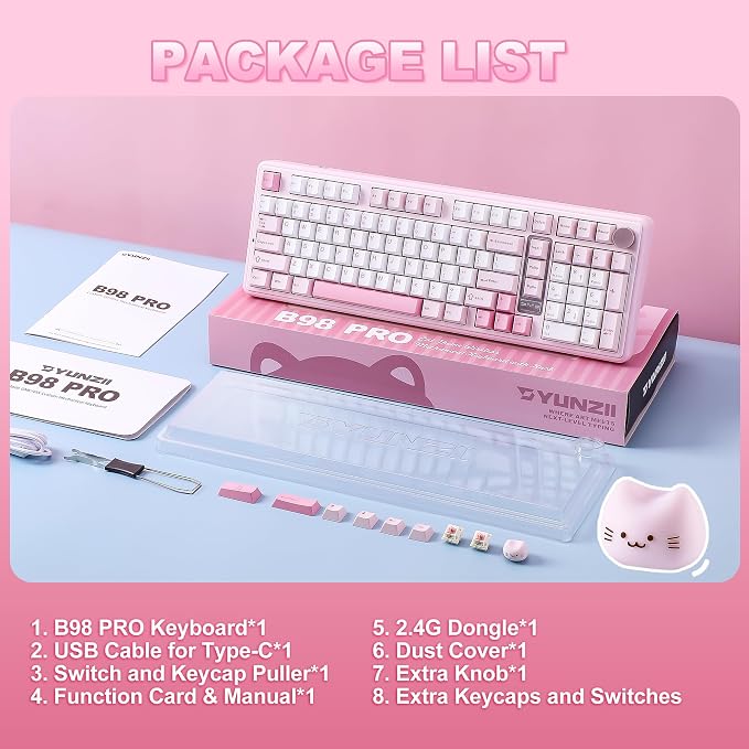 YUNZII B98 PRO QMK/VIA Wireless Mechanical Gaming Keyboard,96% Layout with Numpad and Cute Cat Knob, BT/2.4G/USB-C,Linear Switch Hot Swap Gasket,RGB for Win/Mac (Pink, Milk V2 Linear Switch)