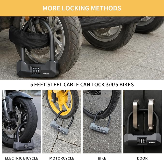 Bike Locks Heavy Duty Anti Theft, 18mm Bicycle Combo U Lock, 4-Digit Resettable Combination Lock with 5FT Steel Cable and Bracket, for Electric Scooter, Ebike, Motorcycle (Gray) (Black)