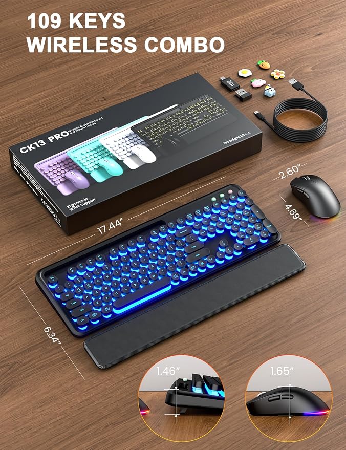 Wireless Keyboard and Mouse Combo - Backlit Typewriter Keyboard with Magnetic Wrist Rest & Phone Holder, Light Up Round Keycaps, 2.4GHz Cordless Set for Mac, Windows, PC, Laptop, SABLUTE