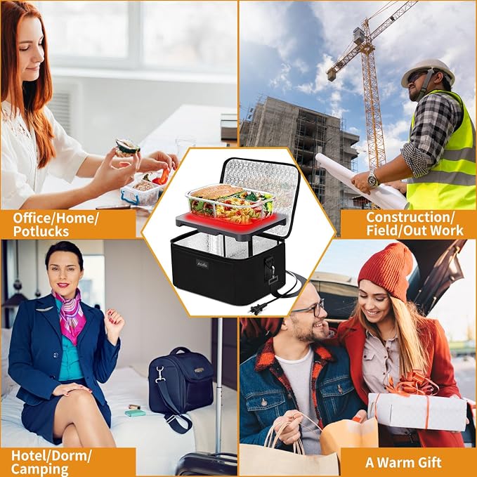 Aotto Electric Lunch Box Food Warmer: 110V/120V Mini Heated Lunch Box Food Heater with Wall Plug for Men and Women - Reheat & Keep Meals Warm for Work, Office, and Construction - Black