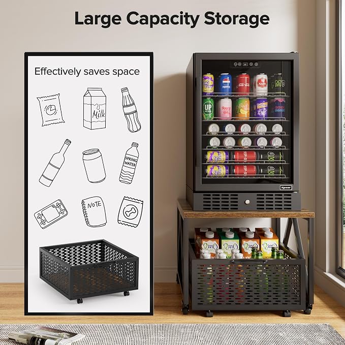 Urban Deco Mini Fridge Stand with Storage,Heavy Duty Fridge Cart with Drawer Basket,Mini Refrigerator Table for 220LBS,Mobile Fridge Stand with Swivel Wheels for Dorm,Home,Brown(Frame with Wheels)