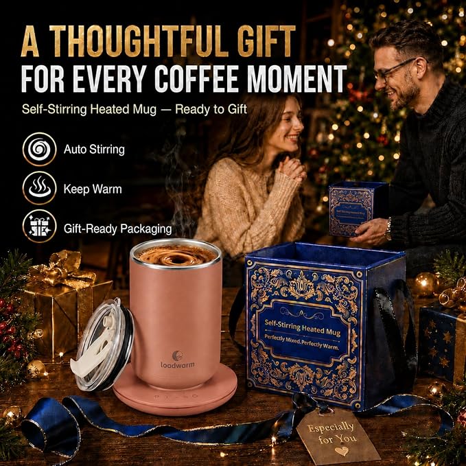 Self Heated Stirring Coffee Mug, 10oz Auto Mixing Cup with Warmer, Rose | 3 temp settings, food-grade stainless steel interior, 8-hour auto shut-off, plug-in desk mug with Warmer for office home