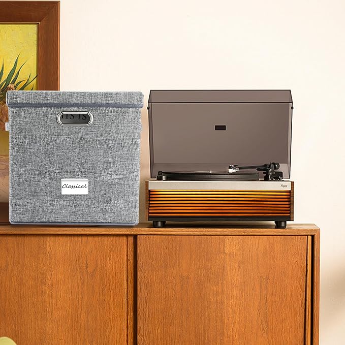ZEDKEHO Vinyl Record Storage Box Set of 2 - Album Storage Holds 100+ Single Records, Decorative LP Storage Organizer Crate with Lid, Sturdy Moving Boxes for Records