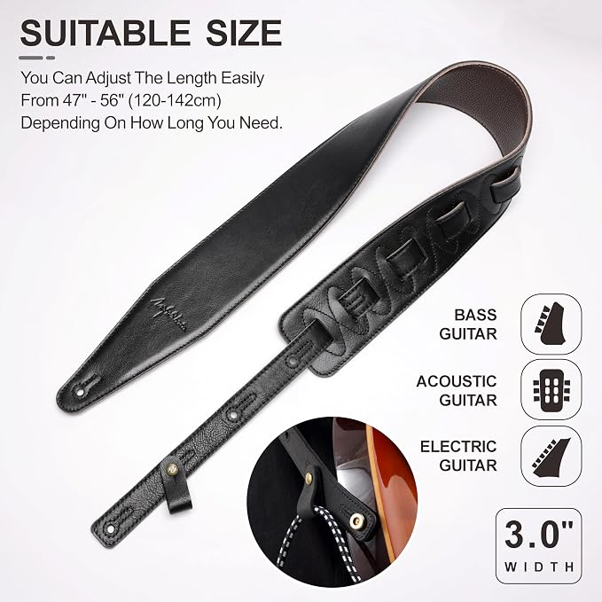 Nefelibata 3" Wide Guitar Strap, Full Grain Italian Leather Adjustable Guitar Straps with Foam Padding for Bass, Electric, and Acoustic Guitars