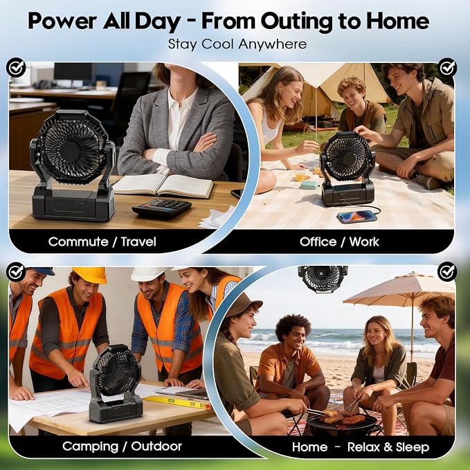 XZK 24000mAh Rechargeable Camping Fan, 64H Runtime Battery Powered Portable Travel Fan with LED Light, Tent Fans for Indoor,Outdoor,Fishing,Jobsite & Hurricane Emergency,Gifts for Men Dad Him,Black
