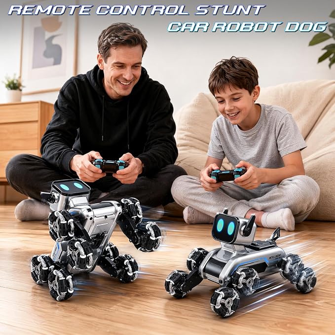 Robot Dog, RC Stunt Car for Kids Adults, 8WD Eight Wheeled Stunt Robots Dog with LED Eyes and Music, Gesture Sensing & 2.4Ghz Remote Control Cars, Rechargeable Indoor Outdoor Toy Gift for Kids 6-12