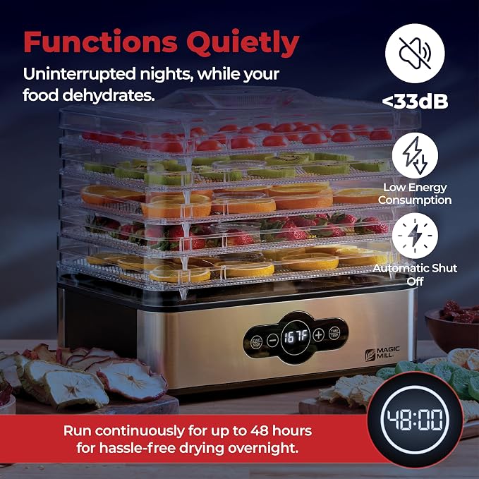 Magic Mill Food Dehydrator Machine | 5 Stackable Stainless Steel Trays, 48H Digital Adjustable Timer & Temperature Control Upto 167° Electric Dryer & Preserver for Jerky, Fruit, Dog Treats & Much More
