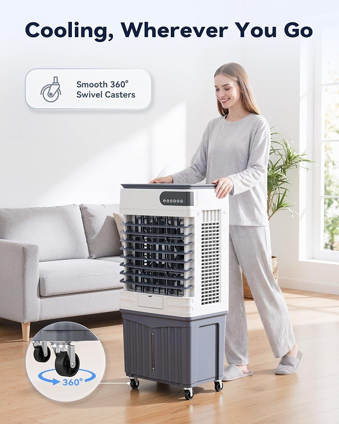 Swamp Cooler Air Conditioner, Portable Evaporative Cooler 13 Gal Water Tank | 3600 CFM, 120° Oscillation, 3 Speeds&Modes,12H Timer, Remote&Touch, 4 Ice Packs, for Garage, Large Room, Dry Climate