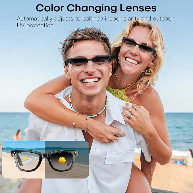 AI Smart Camera Glasses for Men Women, 4K Photography,1080P HD Video Recording,Real-Time Translation, Open-Ear Audio,Voice Assistant, Lightweight (Black Frame-Photochromic Lens)