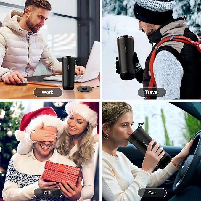 Vsitoo S5 Self Heating Travel Mug 16oz, Rechargeable Coffee Mug with Car Charger Kit, AI Auto-Sensing Temp Control Heated Cup for Home Office Car, App Control, Gift Women Men - Black