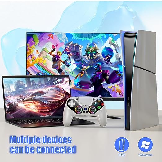 Dinosoo RGB Wireless Controller for PS5/PC/Mobile – Bluetooth Gamepad with Turbo, Macro, Dual Vibration, 6-Axis Gyro, 3.5mm Audio Jack, Built-in Speaker & 1000mAh Battery-White