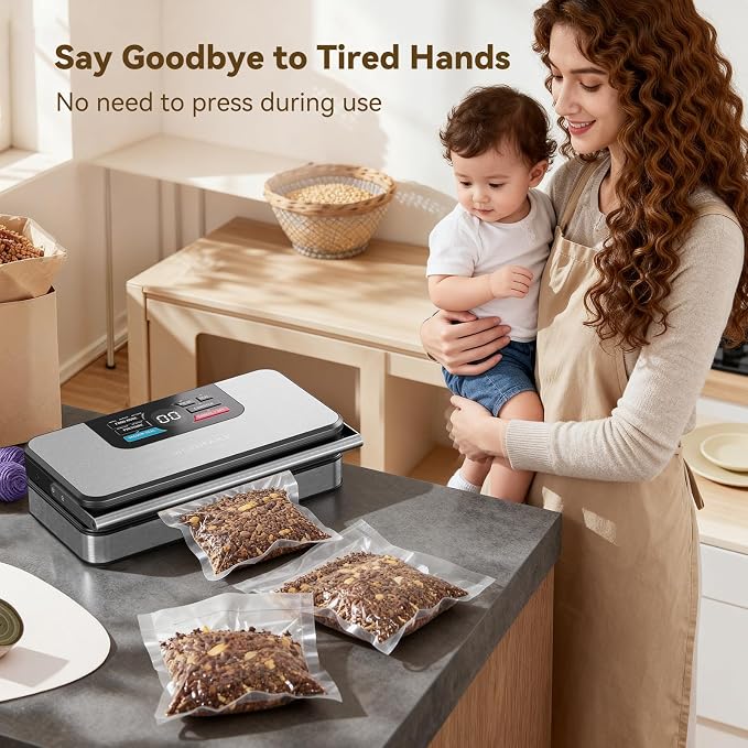 95Kpa Powerful Vacuum Sealer for Food, 10-in-1 Vacuum Sealer Machine with Easy Handle, Built-in Cutter and Roll Storage, Digital Countdown Display & Premium Stainless Steel for Long-Lasting Freshness