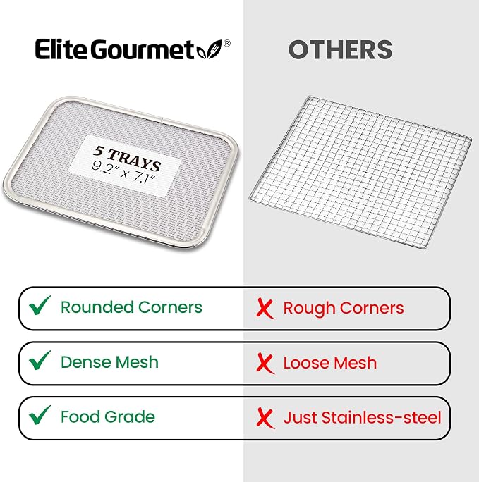 Elite Gourmet EFD809D Food Dehydrator with 5 Stainless Steel Trays, Adjustable Temp & Time + Keep Warm, Includes Interior Light, Fruit Roll Tray and Recipe Booklet, Black