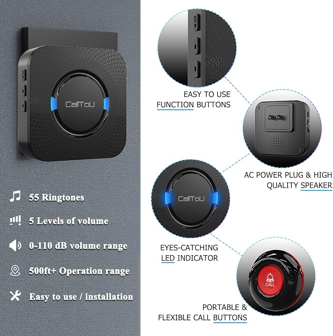 CallToU Caregiver Pager Wireless Call Button for Elderly at Home, Call Bell Alert System for Seniors and Patients, 1 Plug-in Receiver and 1 Waterproof SOS Button, No WiFi or Monthly Fee