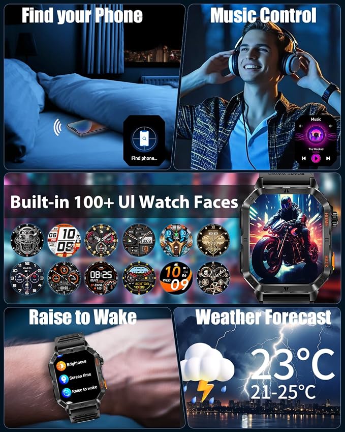 Military Smart Watch for Men, 2.01" Smartwatch with 1200mAh Battery, Flashlight, Answer/Make Calls, Heart Rate/Sleep Monitor 100+ Sport Modes Fitness Tracker for Android/iPhone (Black 03)