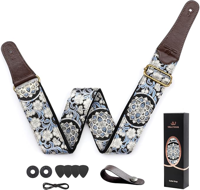 Guitar Strap, Electric& Acoustic Bass Guitar Straps,Embroidered Filament with Head Cowhide Leather Strap, with Free Strap Button,2 Guitar Strap Locks,4Guitar Pick (Blue floral print)