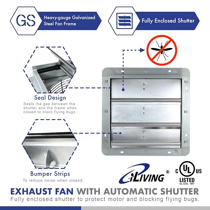iLiving 10" Shutter Exhaust Fan with Wireless Smart Remote Controlled Thermostat and Humidity, Variable Speed Wall Mounted Attic Vent Fan, Chicken Coop Ventilation, 820 CFM, 1200 SQF Coverage Area