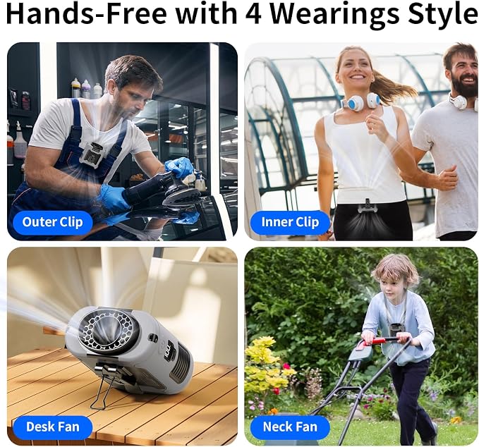 Socool 10000mAh Portable Waist Fan Clip On Personal Fans Rechargeable, 40H Cooling Wearable Belt Shirt Fan with 5 Speed Wind Adjustable & LED Light, Hanging Neck Fan for Outdoor Jobsite Camping